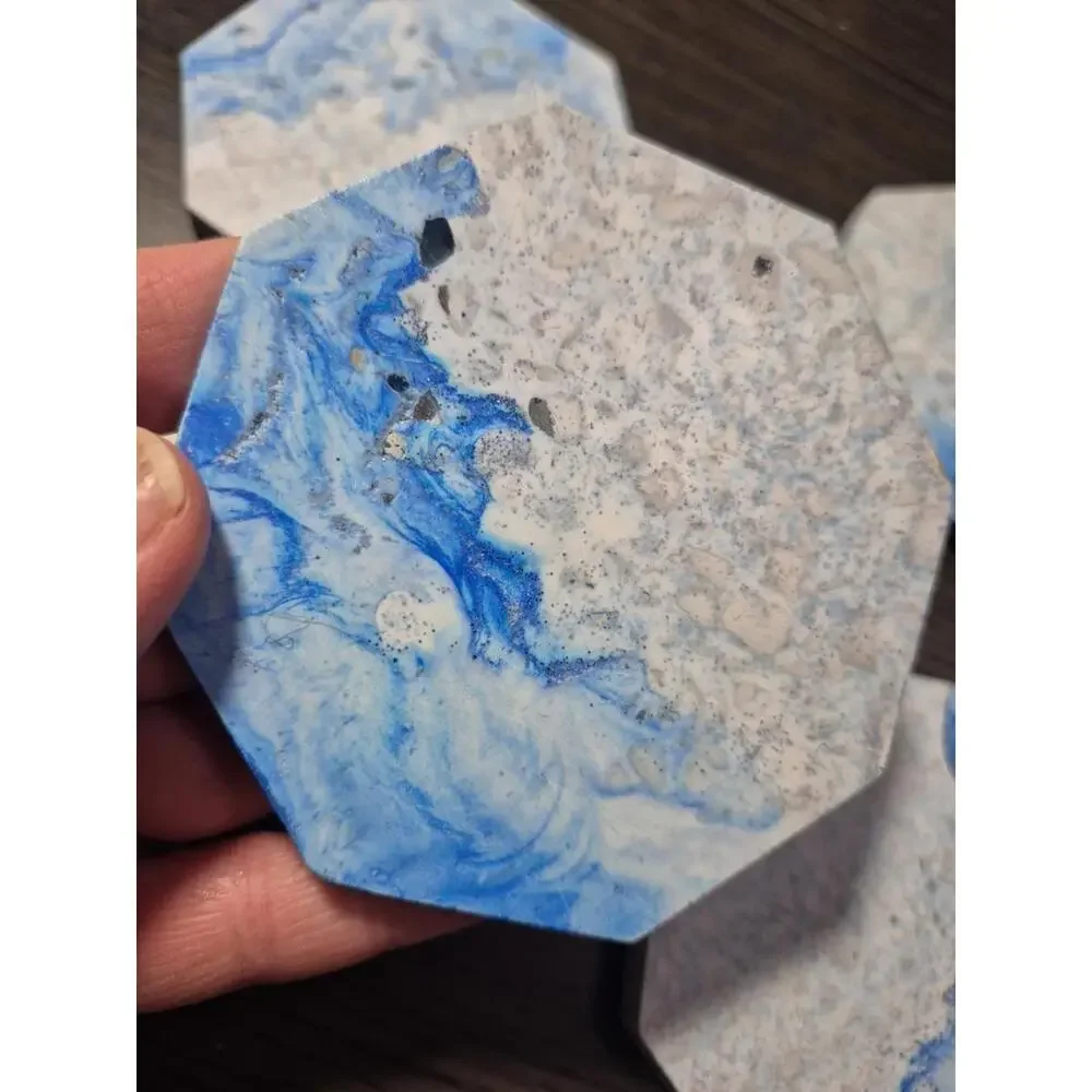 4 White/Blue/Gray Marbled Eco Resin Stone Look Hexagon Coasters 3 5/8” Handmade